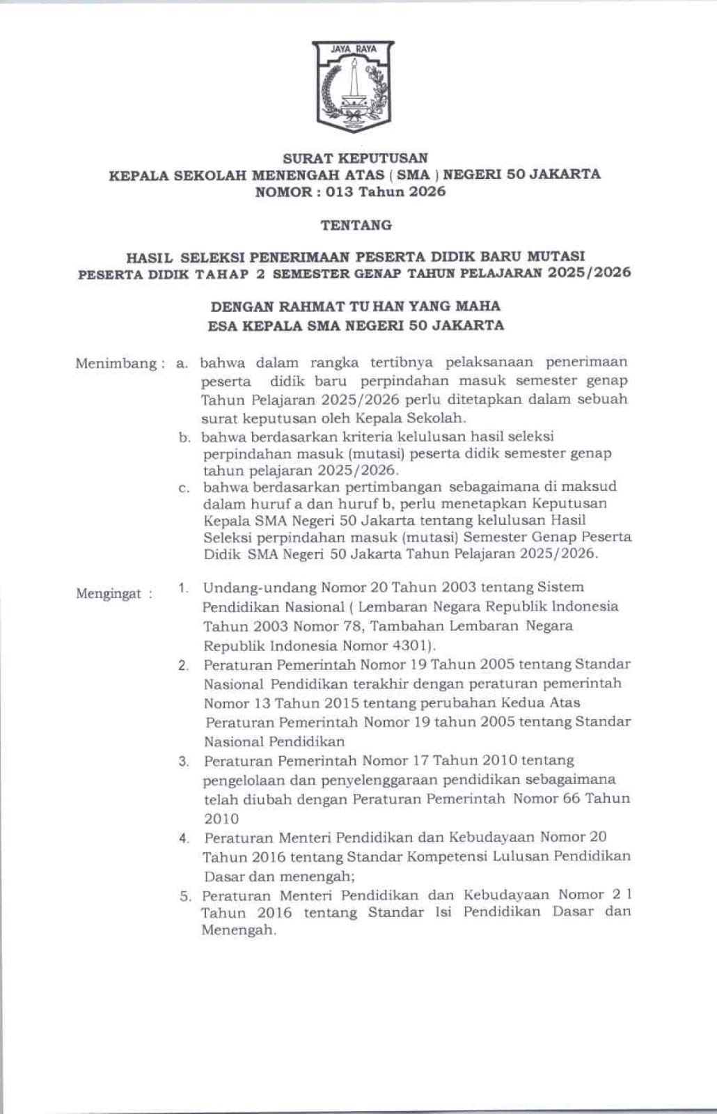 Pengumuman Hasil Seleksi Penerimaan Peserta Didik Baru Mutasi Tahap 2 Semester Genap SMA Negeri 50 Jakarta Tahun Pelajaran 2025/2026